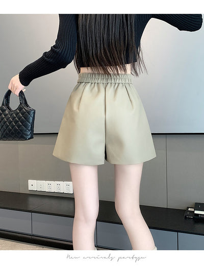Pantalón de Cuero Marrón Cintura Alta Pierna Ancha Casual - Image 23