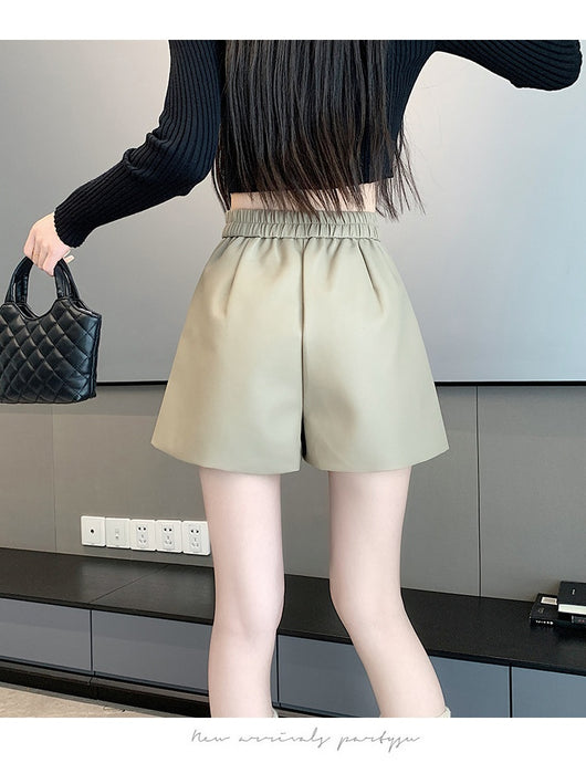Pantalón de Cuero Marrón Cintura Alta Pierna Ancha Casual - Image 23