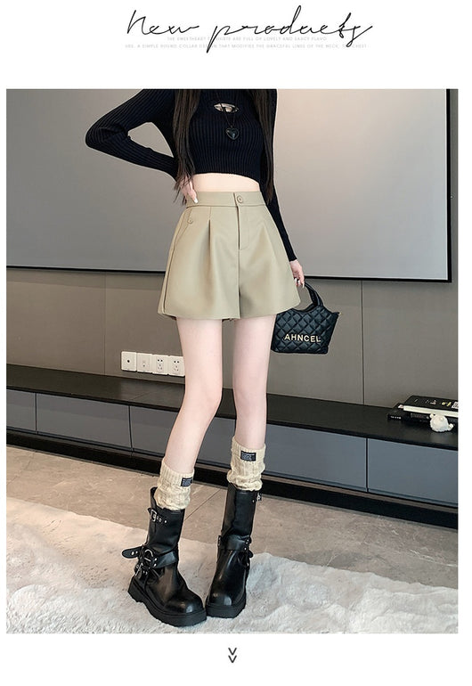 Pantalón de Cuero Marrón Cintura Alta Pierna Ancha Casual - Image 25