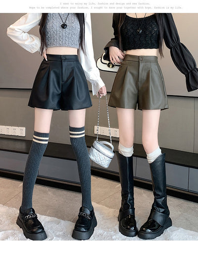 Pantalón de Cuero Marrón Cintura Alta Pierna Ancha Casual - Image 27