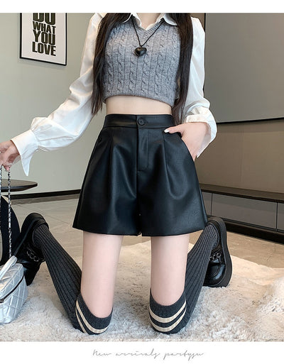 Pantalón de Cuero Marrón Cintura Alta Pierna Ancha Casual - Image 31