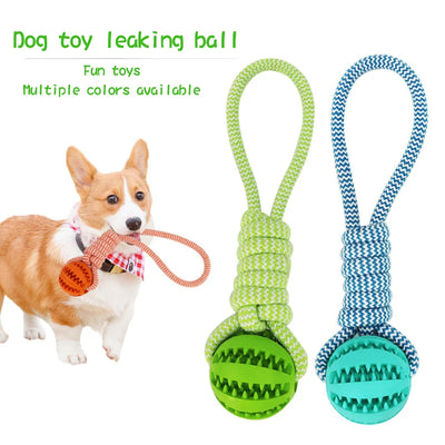 Blue and white braided rope dog toy with a teal rubber treat-dispensing ball for chewing and teeth cleaning. - Image 10