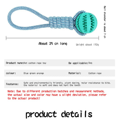 Blue and white braided rope dog toy with a teal rubber treat-dispensing ball for chewing and teeth cleaning. - Image 13