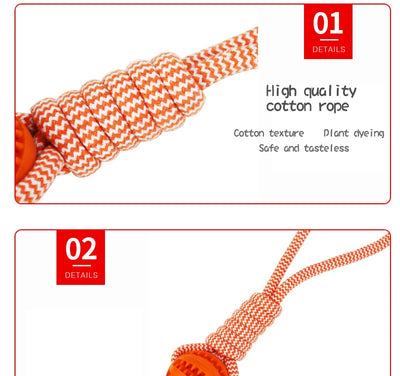 Blue and white braided rope dog toy with a teal rubber treat-dispensing ball for chewing and teeth cleaning. - Image 14