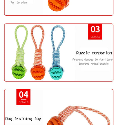 Blue and white braided rope dog toy with a teal rubber treat-dispensing ball for chewing and teeth cleaning. - Image 15