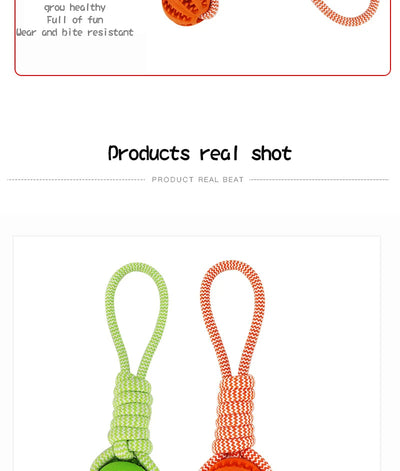 Blue and white braided rope dog toy with a teal rubber treat-dispensing ball for chewing and teeth cleaning. - Image 16