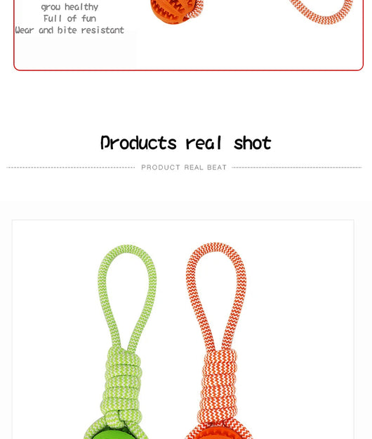 Blue and white braided rope dog toy with a teal rubber treat-dispensing ball for chewing and teeth cleaning. - Image 16