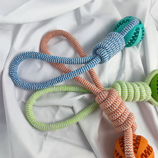Blue and white braided rope dog toy with a teal rubber treat-dispensing ball for chewing and teeth cleaning. - Image 18