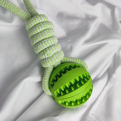 Blue and white braided rope dog toy with a teal rubber treat-dispensing ball for chewing and teeth cleaning. - Image 20