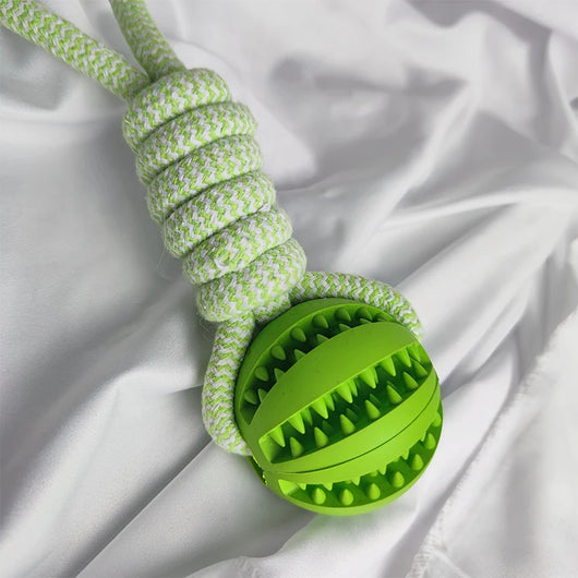 Blue and white braided rope dog toy with a teal rubber treat-dispensing ball for chewing and teeth cleaning. - Image 20