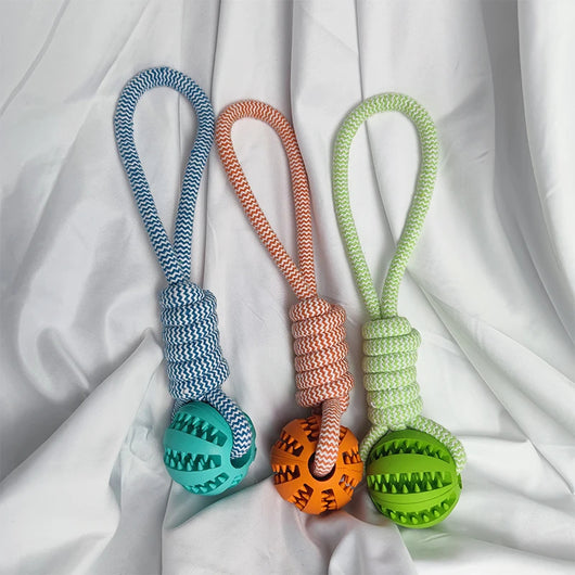 Blue and white braided rope dog toy with a teal rubber treat-dispensing ball for chewing and teeth cleaning. - Image 21