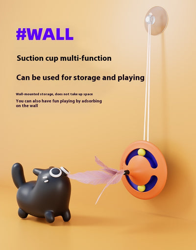 Orange and blue cat turntable toy with purple feathers, hanging from a clear suction cup on a white background. - Image 10