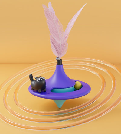 Orange and blue cat turntable toy with purple feathers, hanging from a clear suction cup on a white background. - Image 11