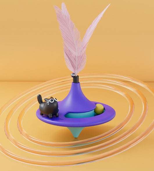 Orange and blue cat turntable toy with purple feathers, hanging from a clear suction cup on a white background. - Image 11