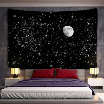 Abstract tapestry with three sun and moon faces in vibrant yellow, orange, and purple hues on a black background. - Image 6