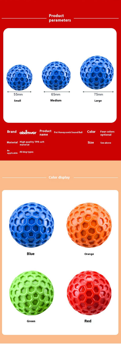 Red 65mm dog toy ball with a textured honeycomb surface, designed for vocalization, bite-resistance, and molar relief. - Image 21