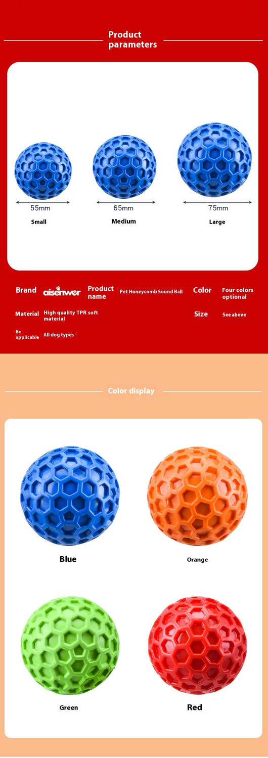 Red 65mm dog toy ball with a textured honeycomb surface, designed for vocalization, bite-resistance, and molar relief. - Image 21