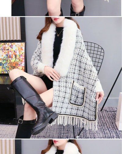 Poncho Cárdigan de Invierno con Cuello de Pelaje Sintético y Borlas - Talla Grande - Image 27