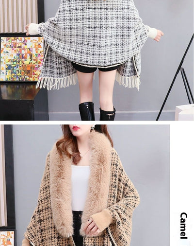 Poncho Cárdigan de Invierno con Cuello de Pelaje Sintético y Borlas - Talla Grande - Image 29