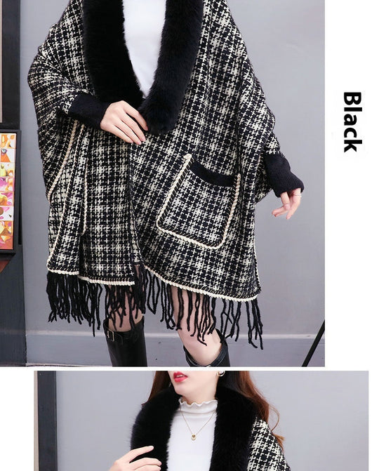 Poncho Cárdigan de Invierno con Cuello de Pelaje Sintético y Borlas - Talla Grande - Image 34