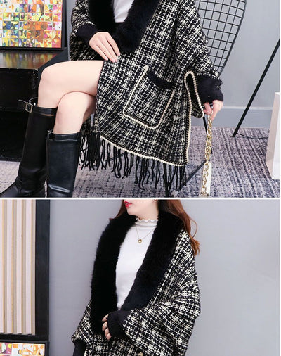 Poncho Cárdigan de Invierno con Cuello de Pelaje Sintético y Borlas - Talla Grande - Image 36