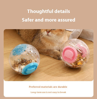 Clear plastic pet tumbler food leakage toy with blue accents and a cat face design, on a wooden floor. - Image 11