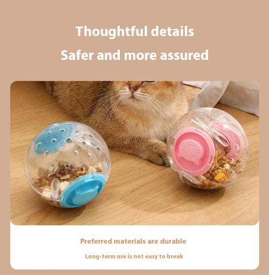 Clear plastic pet tumbler food leakage toy with blue accents and a cat face design, on a wooden floor. - Image 11
