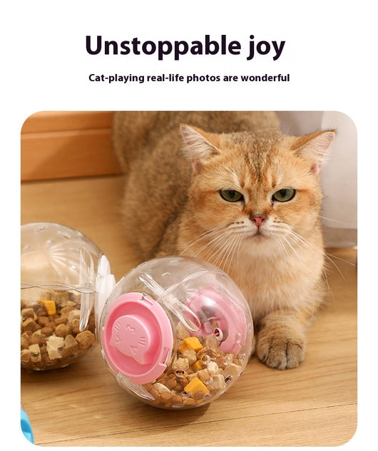 Clear plastic pet tumbler food leakage toy with blue accents and a cat face design, on a wooden floor. - Image 14