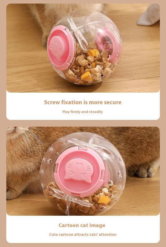 Clear plastic pet tumbler food leakage toy with blue accents and a cat face design, on a wooden floor. - Image 15