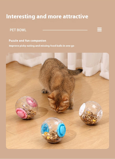 Clear plastic pet tumbler food leakage toy with blue accents and a cat face design, on a wooden floor. - Image 16