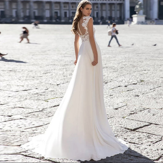Vestido de Novia Línea A Gasa con Cuello en V y Mangas Largas - Image 8
