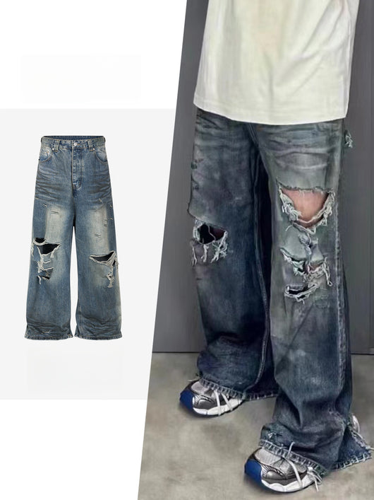 Jeans Retro Rotos Hombre con Textura Desgastada y Pliegues Vintage - Image 15