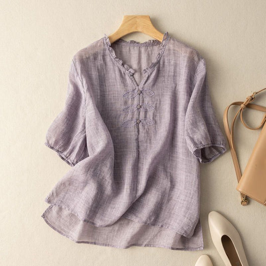 Blusa de Algodón y Lino Bordada con Cuello en V y Manga Corta - Image 19