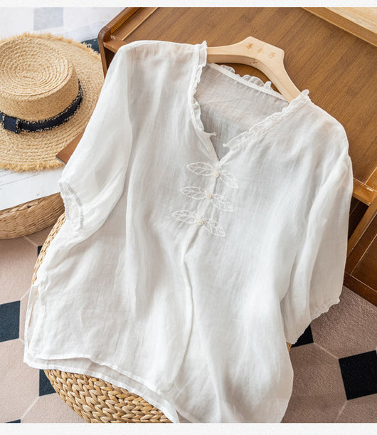 Blusa de Algodón y Lino Bordada con Cuello en V y Manga Corta - Image 20