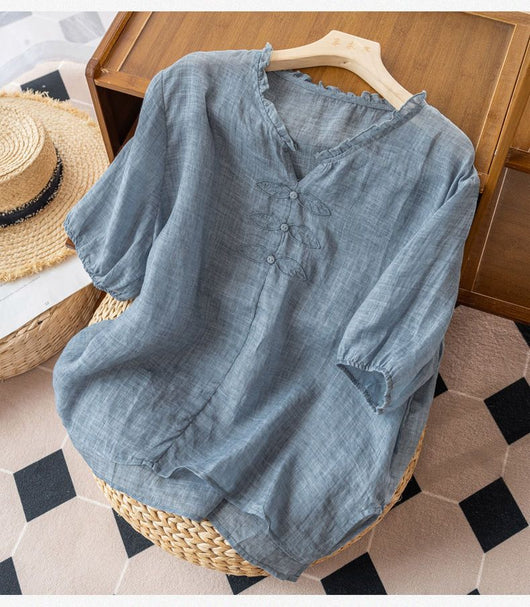Blusa de Algodón y Lino Bordada con Cuello en V y Manga Corta - Image 23