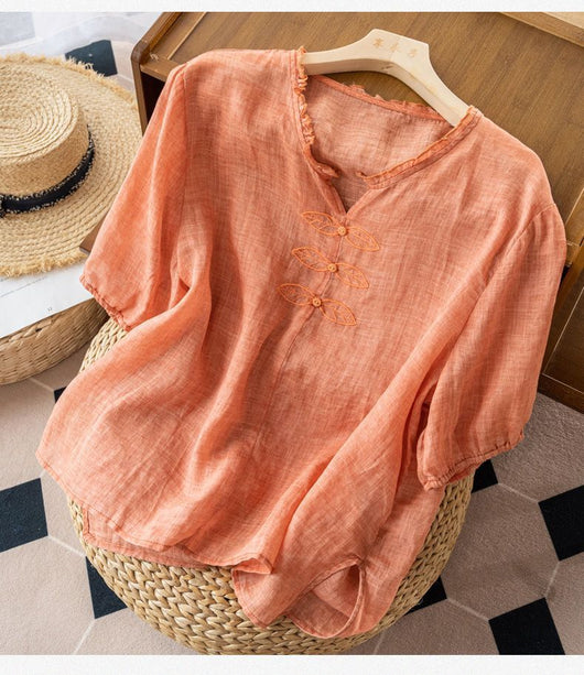 Blusa de Algodón y Lino Bordada con Cuello en V y Manga Corta - Image 27