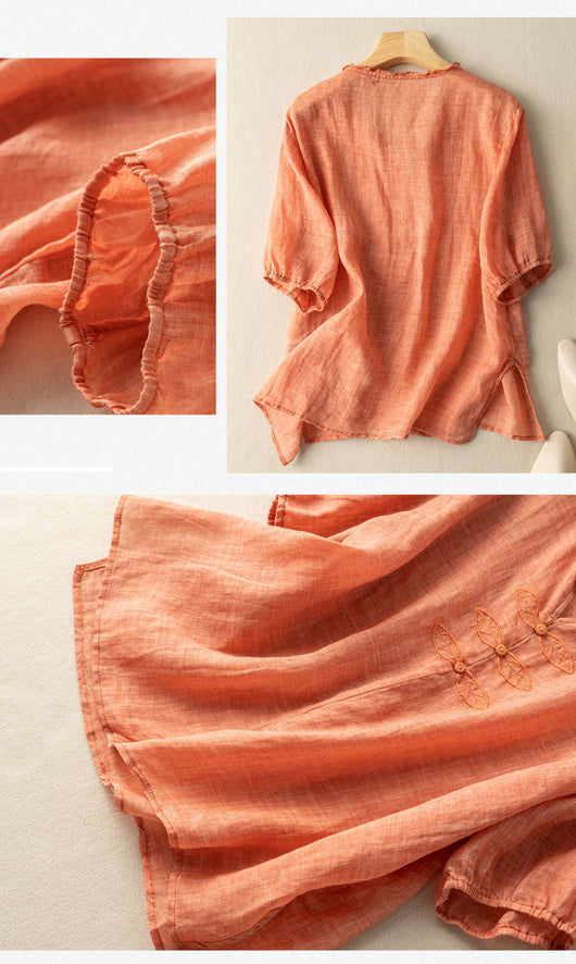 Blusa de Algodón y Lino Bordada con Cuello en V y Manga Corta - Image 28