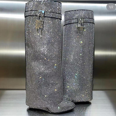 Botas Altas Hasta la Rodilla con Tacón Cuña Súper Alto y Hebilla Tiburón con Strass - Image 38