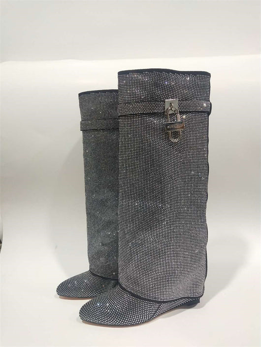 Botas Altas Hasta la Rodilla con Tacón Cuña Súper Alto y Hebilla Tiburón con Strass - Image 54