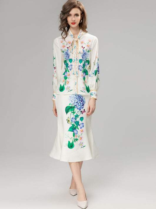 Camisa Verde Estampado Hojas con Cuello Bufanda y Mangas Largas - Image 13