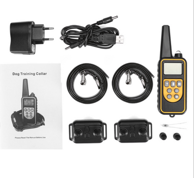 Three electric dog training collars in black, orange, and yellow with receivers, alongside a black and yellow remote control. - Image 27