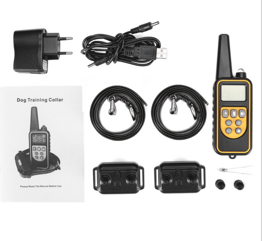 Three electric dog training collars in black, orange, and yellow with receivers, alongside a black and yellow remote control. - Image 27