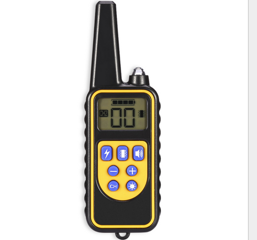 Three electric dog training collars in black, orange, and yellow with receivers, alongside a black and yellow remote control. - Image 28