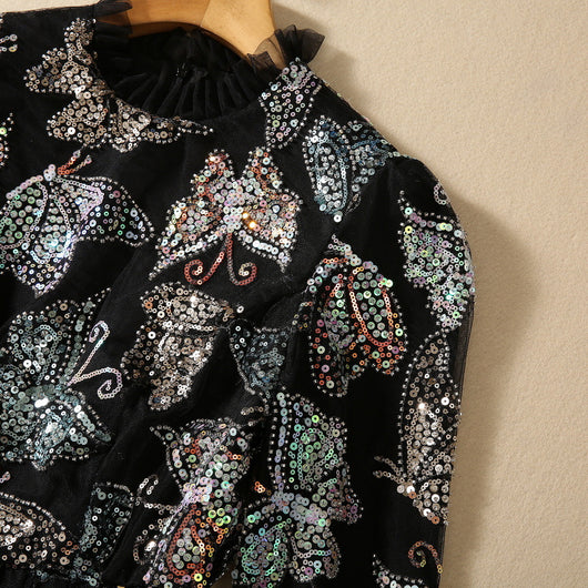 Vestido Largo con Mangas y Diseño de Mariposas Lentejuelas Brillantes - Image 15