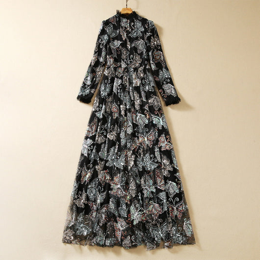 Vestido Largo con Mangas y Diseño de Mariposas Lentejuelas Brillantes - Image 18