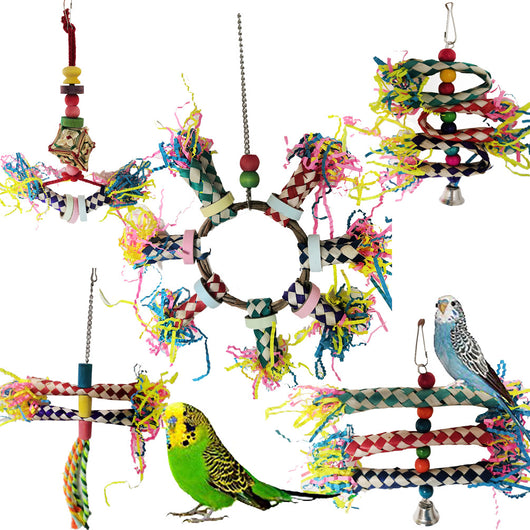 Set of 5 colorful parrot bite toys with braided ropes, wooden beads, shredded paper, and bells. Two budgerigars interact with the toys. - Image 6