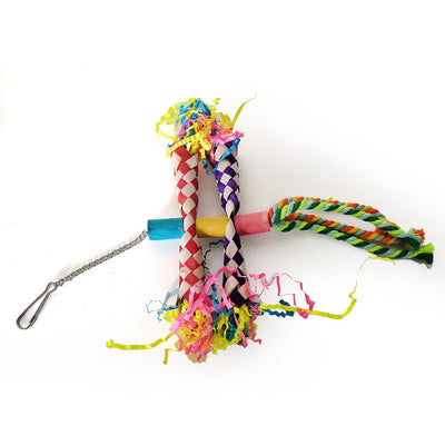 Set of 5 colorful parrot bite toys with braided ropes, wooden beads, shredded paper, and bells. Two budgerigars interact with the toys. - Image 8