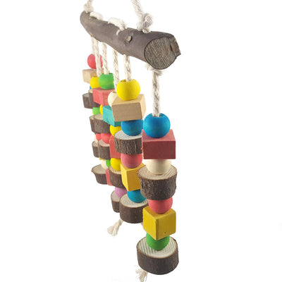 Colorful wooden parrot bite toy with a natural branch hanger and multiple strings of beads and blocks. - Image 18