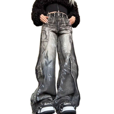 Jeans Talla Grande Estilo Americano con Diseño Graffiti Lavado para Mujer - Image 18