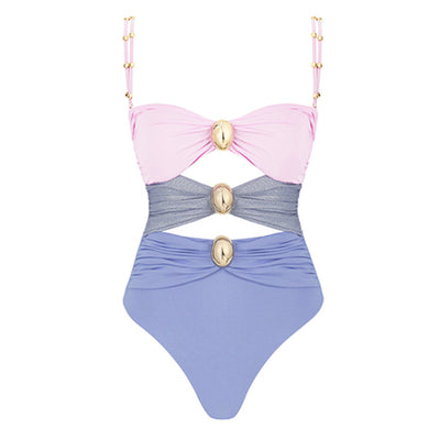 Pink, black, and dark gray color-block one-piece swimsuit with gold round buckles and a sheer black maxi skirt. - Image 24